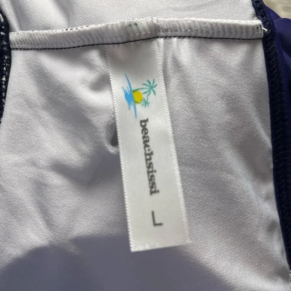 NWT Beachsissi Ruffle Flowy Bandeau Basic Nautical Bikini Top‎ Blue Sz Large